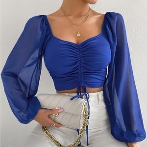 🍁Frenchy Sweetheart Neck Drawstring Lantern Sleeve Crop Top